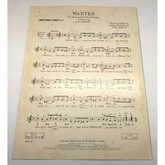 Wanted Vintage Piano Sheet Music Jack Fulton Lois Steele 1954 Perry Como - Picture 4 of 4